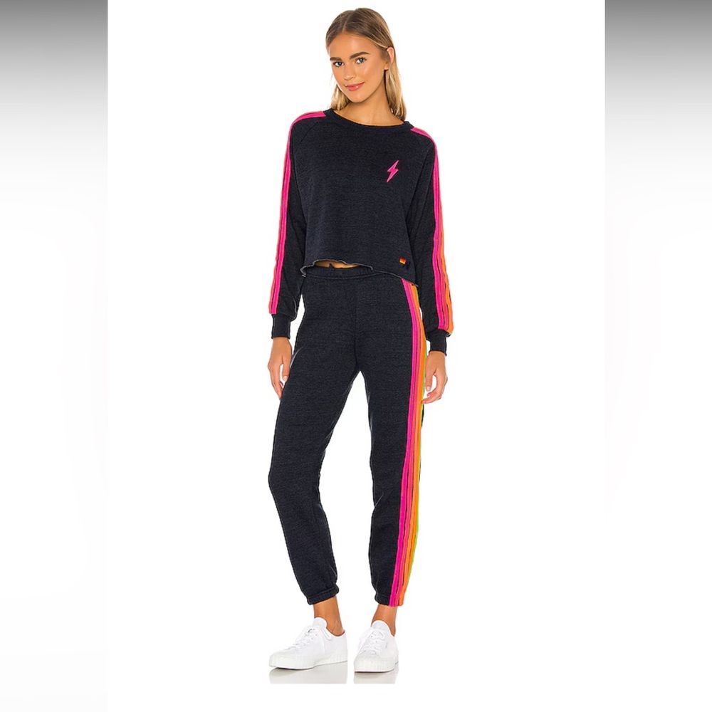 AVIATOR NATION 5 STRIPE SWEATPANTS HEATHER NAVY/NEON RAINBOW SMALL - Picture 6 of 13